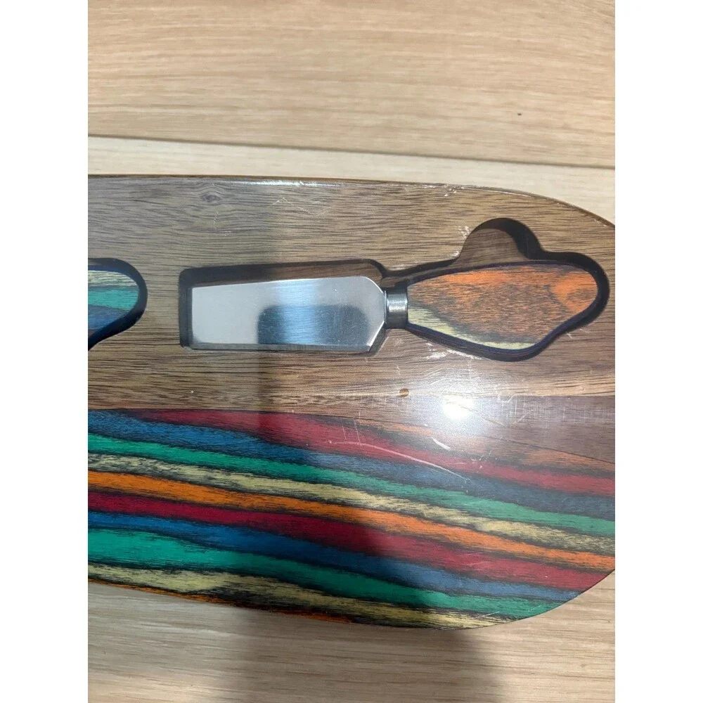 American Native Wood Cheese Board Set with Inset Multi-Color Slicer Knives